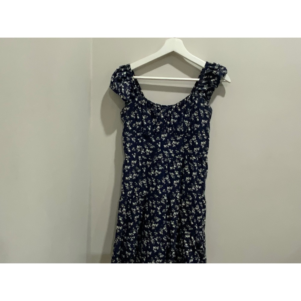 Hollister‎ Navy Blue White Floral Smocked Tiered Mini Dress Ruffle Cap Sleeve S